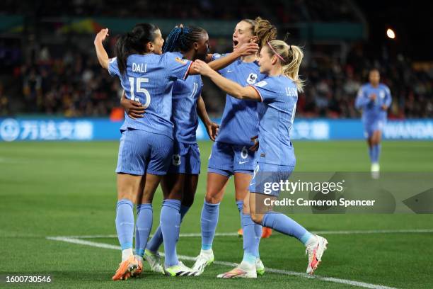 Kadidiatou Diani of France celebrates with teammates after scoring her team's first goal during the FIFA Women's World Cup Australia & New Zealand...