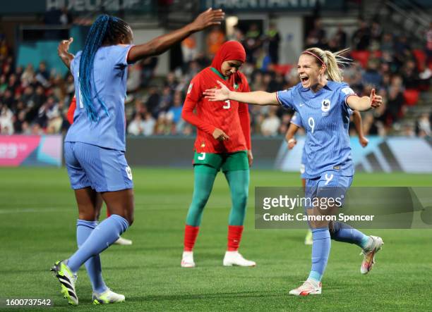 Eugenie Le Sommer of France celebrates with teammate Kadidiatou Diani after scoring her team's third goal during the FIFA Women's World Cup Australia...