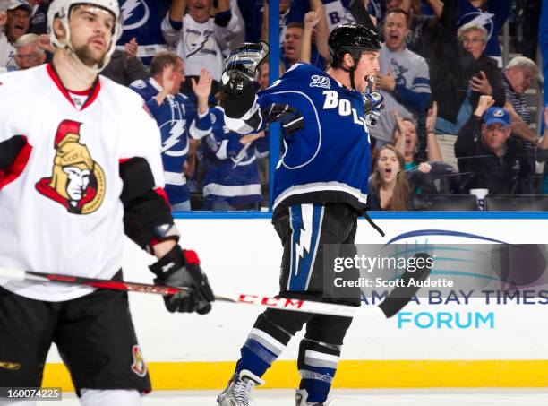 Ryan Malone of the Tampa Bay Lightning celebrates his game-winning goal against the Ottawa Senators at the Tampa Bay Times Forum on January 25, 2013...