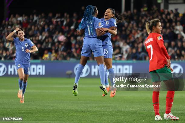 Kenza Dali of France celebrates with teammate Kadidiatou Diani after scoring her team's second goal during the FIFA Women's World Cup Australia & New...