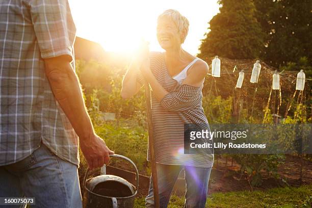 gardeners laughing together on allotment - idyllic community stock pictures, royalty-free photos & images