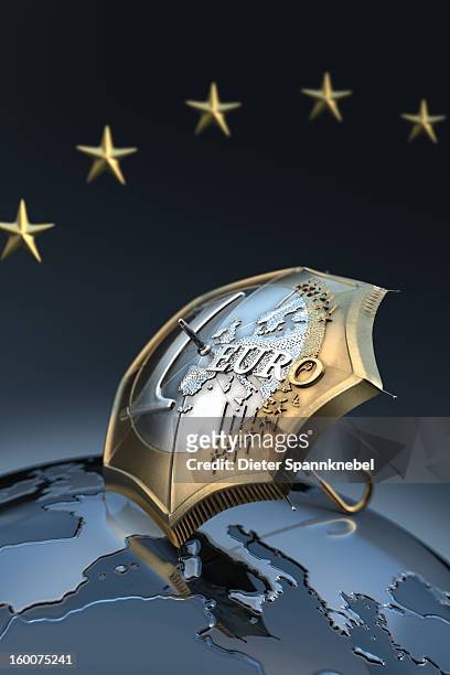 euro coin designed umbrella on a globe with europe - 欧州金融安定ファシリティ ストックフォトと画像