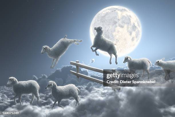 illustrations, cliparts, dessins animés et icônes de sheep jumping over fence in a cloudy moon scene - insomnia
