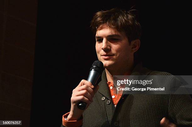 Actor Ashton Kutcher speaks onstage at the "jOBS" Premiere during the 2013 Sundance Film Festival at Eccles Center Theatre on January 25, 2013 in...
