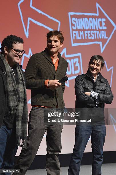 Actors Josh Gad and Ashton Kutcher and director Joshua Michael Stern speak onstage at the "jOBS" Premiere during the 2013 Sundance Film Festival at...