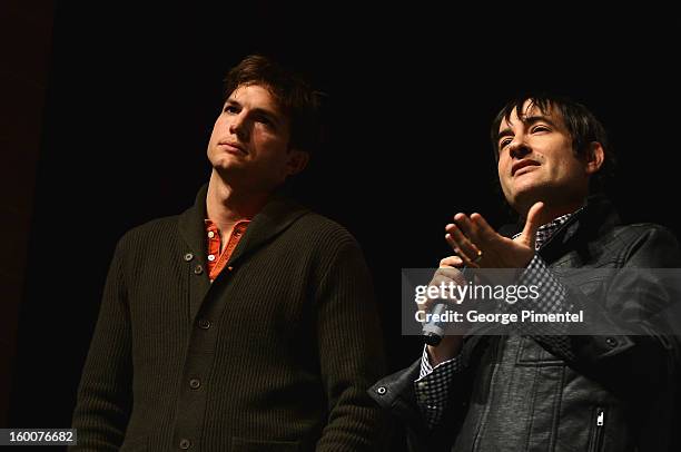 Actor Ashton Kutcher and director Joshua Michael Stern speak onstage at the "jOBS" Premiere during the 2013 Sundance Film Festival at Eccles Center...