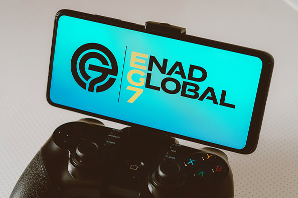 In this photo illustration, the Enad Global 7 AB (EG 7) logo...