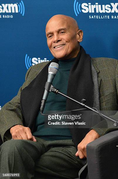 Actor/singer/activist Harry Belafonte is interviewed by SiriusXM host Joe Madison at SiriusXM studios on January 25, 2013 in New York City.