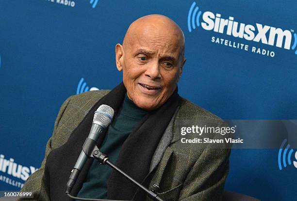 Actor/singer/activist Harry Belafonte is interviewed by SiriusXM host Joe Madison at SiriusXM studios on January 25, 2013 in New York City.