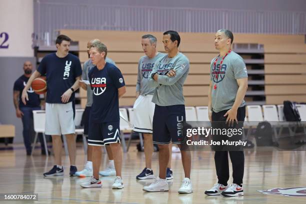 Mark Few, Erik Spoelstra and Tyronn Lue of the Senior Men's National Team look on during practice as part of 2023 FIBA World Cup at NYU on August 15,...