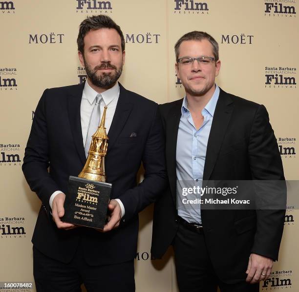 Actors Ben Affleck and Matt Damon visit The Moet & Chandon Lounge after Affleck received the Modern Master Award at The Santa Barbara International...