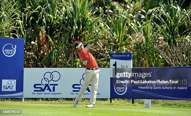 Donlaphatchai Niyomchon of Thailand plays a shot during round four of the Asian Tour Qualifying School Final Stage at Springfield Royal Country Club...