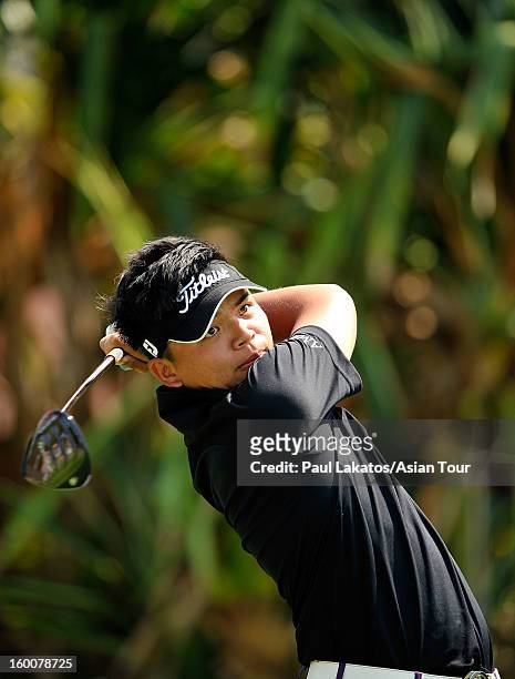 Hung Chien-yao of Chinese Taipei plays a shot during round four of the Asian Tour Qualifying School Final Stage at Springfield Royal Country Club on...