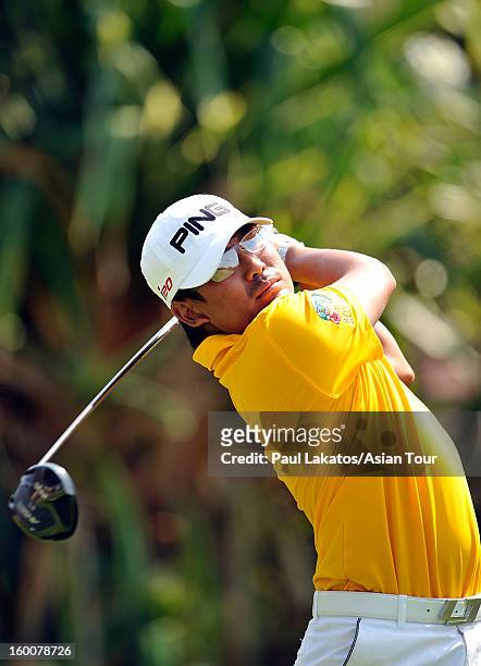 Nicholas Fung of Malaysia plays a shot during round four of the Asian Tour Qualifying School Final Stage at Springfield Royal Country Club on January...