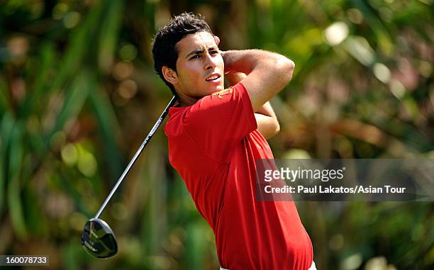 Carlos Pigem of Spain plays a shot during round four of the Asian Tour Qualifying School Final Stage at Springfield Royal Country Club on January 26,...