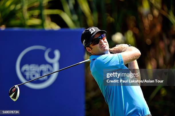 Thomas Petersson of Sweden plays a shot during round four of the Asian Tour Qualifying School Final Stage at Springfield Royal Country Club on...