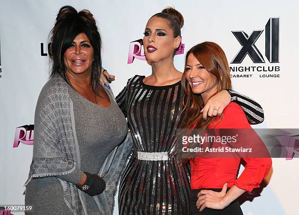 Angela "Big Ang" Raiola, Carmen Carrera and Drita Davanzo attend "Rupaul's Drag Race" Season 5 Premiere Party at XL Nightclub on January 25, 2013 in...