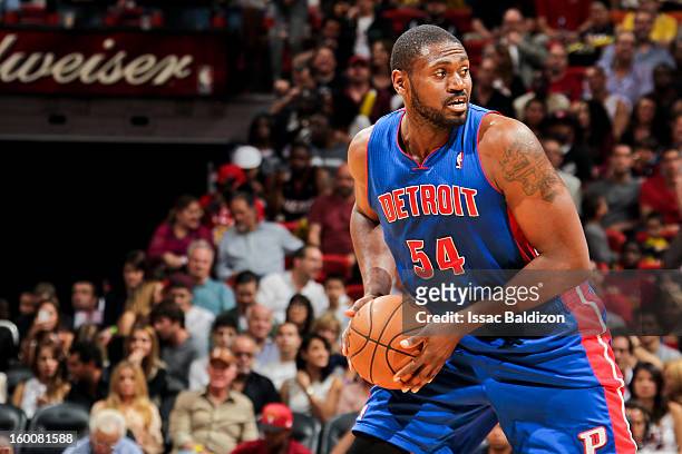 Jason Maxiell of the Detroit Pistons controls the ball against the Miami Heat on January 25, 2013 at American Airlines Arena in Miami, Florida. NOTE...
