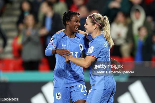 Eugenie Le Sommer of France celebrates with teammate Vicki Becho after scoring her team's fourth goal during the FIFA Women's World Cup Australia &...