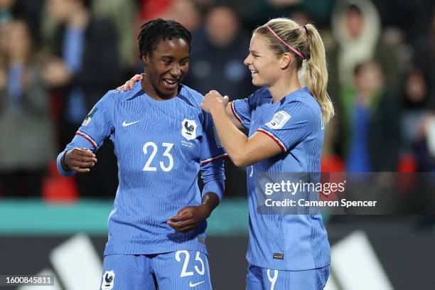 Eugenie Le Sommer of France celebrates with teammate Vicki Becho after scoring her team's fourth goal during the FIFA Women's World Cup Australia &...