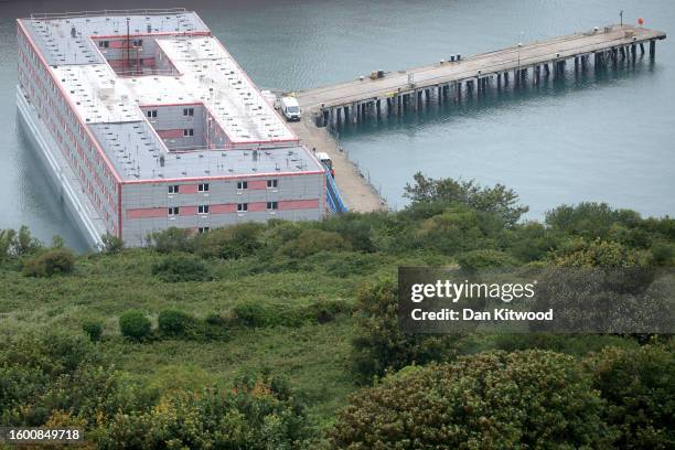 General view of the Bibby Stockholm immigration barge on August 8, 2023 in Portland, England. Around 15 asylum seekers have boarded the Bibby...