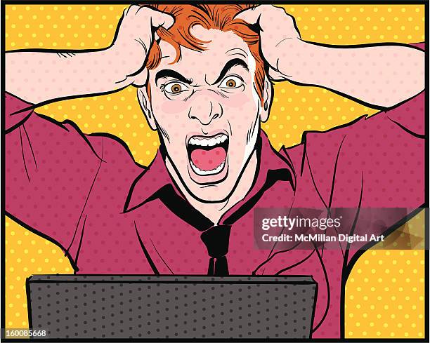 man using computer, shouting and pulling hair - hand in hair stock illustrations stock illustrations