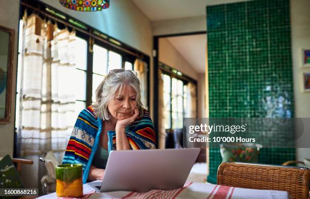 grey haired woman working from home using laptop - thinking stock pictures, royalty-free photos & images