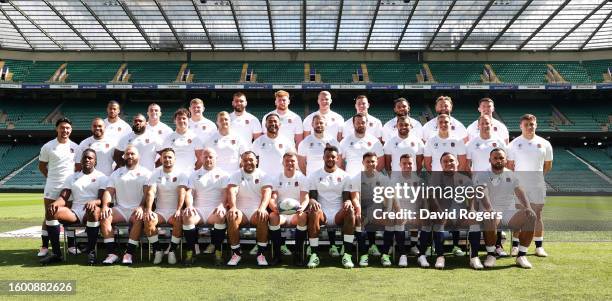 The England World Cup squad pose for a team photograph during the England rugby World Cup squad announcement at Twickenham Stadium on August 07, 2023...