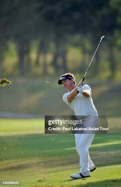 Miles Tunnicliff of England plays a shot during round four of the Asian Tour Qualifying School Final Stage at Springfield Royal Country Club on...