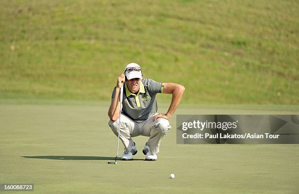 Tim Stewart of Australia lines up a shot during round four of the Asian Tour Qualifying School Final Stage at Springfield Royal Country Club on...