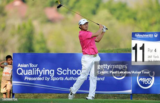 Richard Lee of Canada plays a shot during round four of the Asian Tour Qualifying School Final Stage at Springfield Royal Country Club on January 26,...
