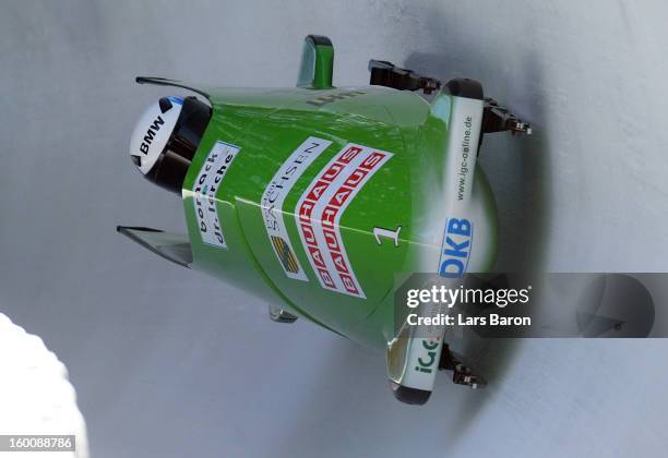 Cathleen Martini and Stephanie Schneider of Germany compete during the Women's Bobsleigh heat 3 of the IBSF Bob & Skeleton World Championship at...