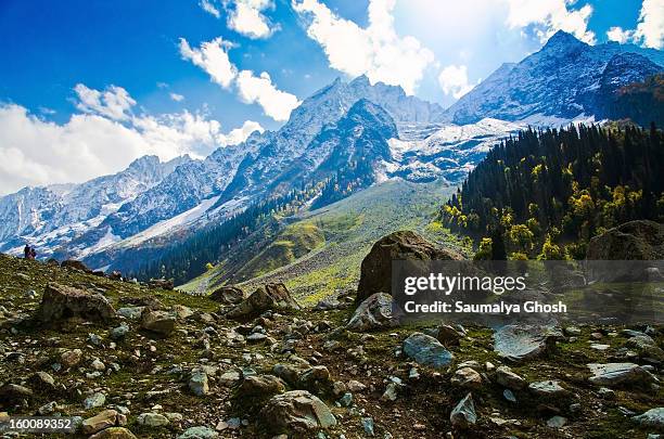 Beautiful view of Sonmarg valley in a pleasant autumn morning with the snow covered Himalayan mountain range in the backdrop.