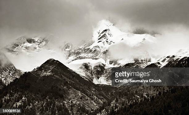 Beautiful monochrome view of the Himalayan mountain range at Sonmarg valley in a dark cloudy weather.