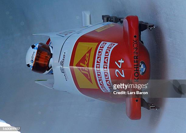 Caroline Spahni and Ariane Walser of Switzerland compete during the Women's Bobsleigh heat 3 of the IBSF Bob & Skeleton World Championship at Olympia...