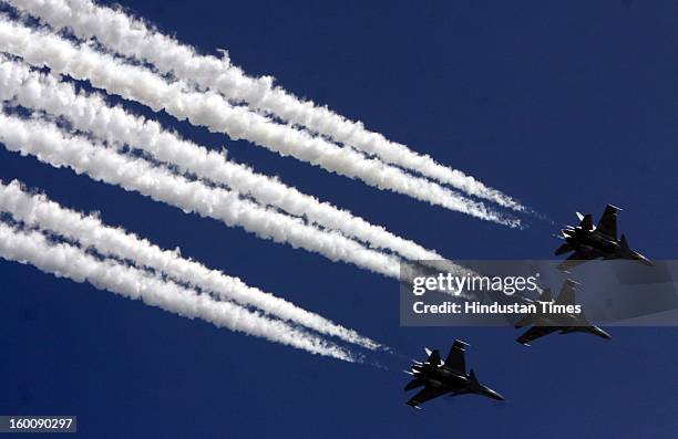 The Indian Air Force's Russian-made Sukhoi-30 aircrafts fly past during the 64th Republic Day parade celebration at Raj path on January 26, 2013 in...