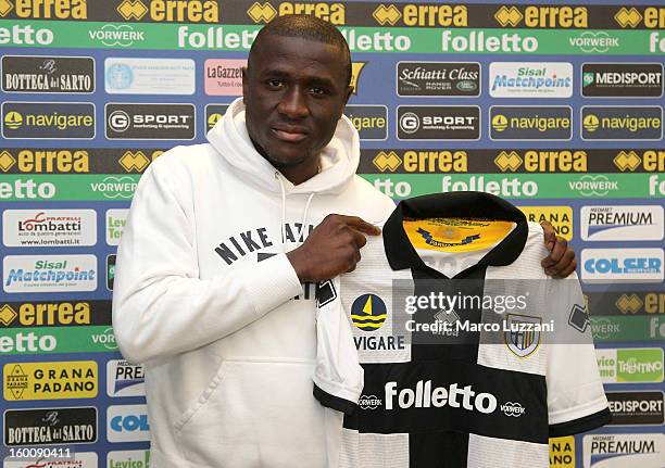 Rodney Strasser is presented as a new signing to Parma FC during a press conference at the club's training ground on January 26, 2013 in Collecchio,...