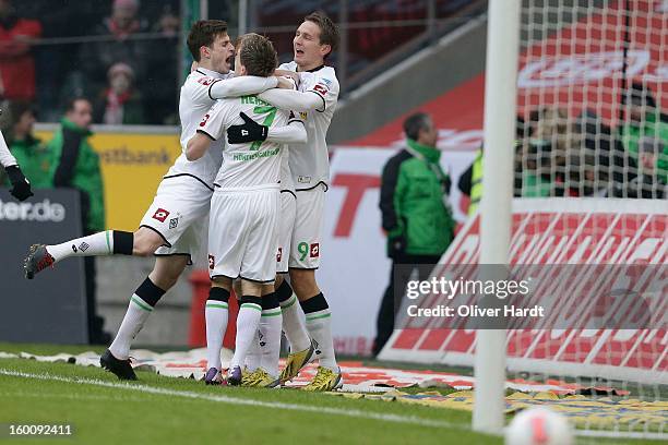 Oscar Wendt celebrate his first goal with Havard Nordtveit and Luuk de Jong of Gladbach during at Bundesliga match between VfL Borussia...