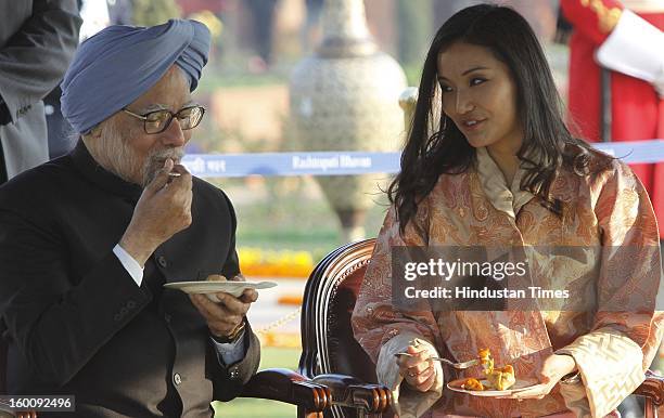 Prime Minister of India Dr. Manmohan Singh with Queen of Bhutan Jetsun Pema at Rashtrapati Bhavan on Republic Day on January 26, 2013 in New Delhi,...