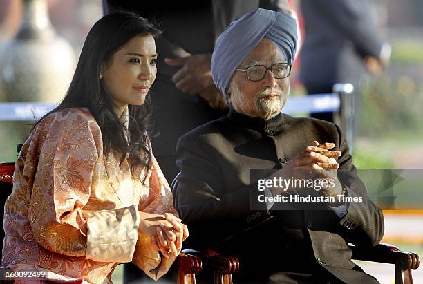 Prime Minister of India Dr. Manmohan Singh with Queen of Bhutan Jetsun Pema at Rashtrapati Bhavan on Republic Day on January 26, 2013 in New Delhi,...