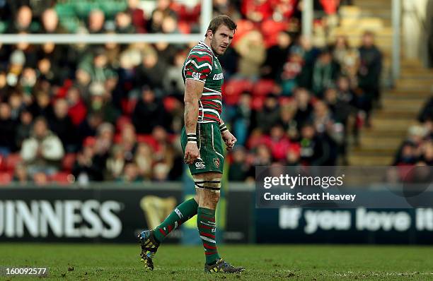 Tom Croft of Leicester Tigers walks off after being injured during the LV=Cup match between Leicetser Tigers and London Wasps at Welford Road on...