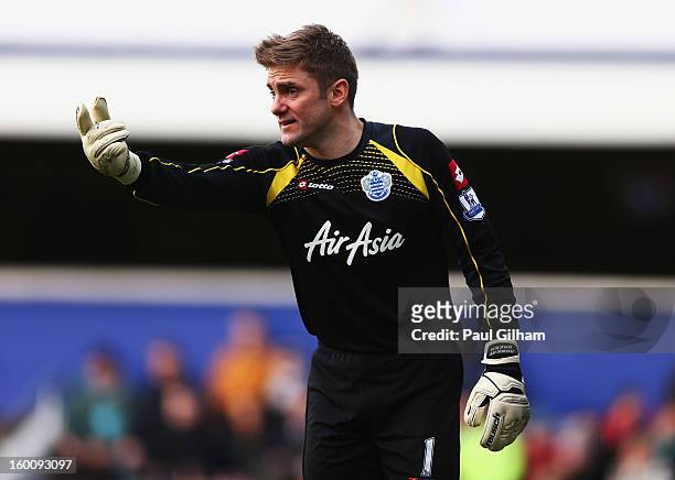 Robert Green the Queens Park Rangers goalkeeper gives instructions to his defence during the FA Cup with Budweiser Fourth Round match between Queens...