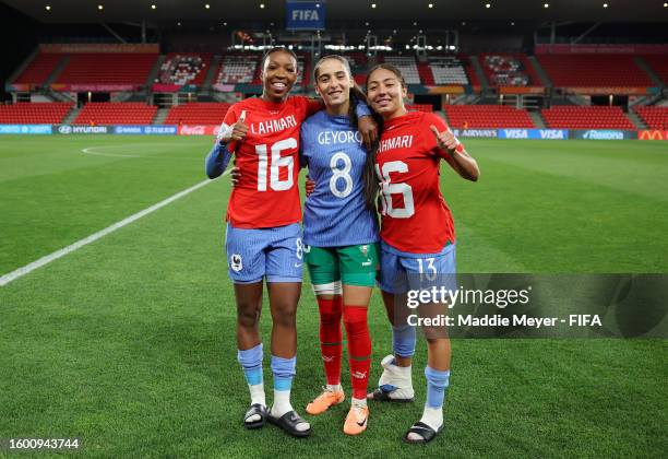 Grace Geyoro of France, Anissa Lahmari of Morocco and Selma Bacha of France pose after the FIFA Women's World Cup Australia & New Zealand 2023 Round...