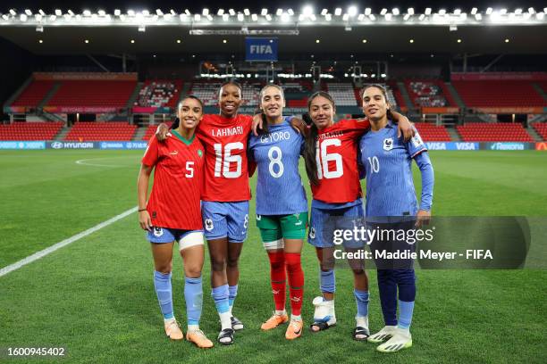 Sakina Karchaoui, Grace Geyoro of France, Anissa Lahmari of Morocco, Selma Bacha and Amel Majri of France pose after the FIFA Women's World Cup...