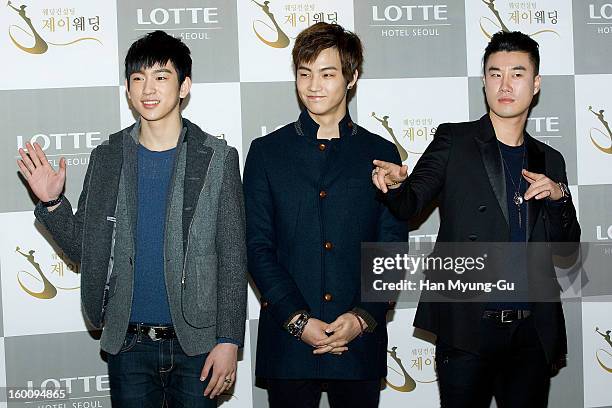 Jr. And JB of South Korean boy band JJ Project and singer San E attend the wedding of Sun of Wonder Girls at Lotte Hotel on January 26, 2013 in...