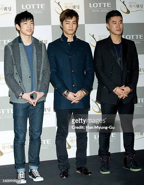 Jr. And JB of South Korean boy band JJ Project and singer San E attend the wedding of Sun of Wonder Girls at Lotte Hotel on January 26, 2013 in...