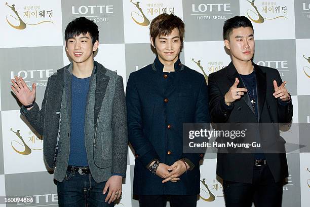 Jr. And JB of South Korean boy band JJ Project and singer San E attend the wedding of Sun of Wonder Girls at Lotte Hotel on January 26, 2013 in...