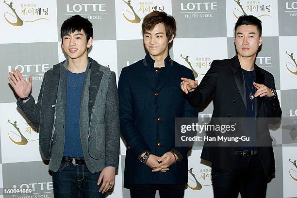 Jr. And JB of South Korean boy band JJ Project and singer San E attend the wedding of Sun of Wonder Girls at Lotte Hotel on January 26, 2013 in...