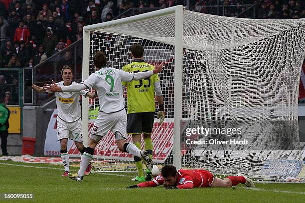 Patrick Herrmann of celebrate his first goal with Luuk De Jong Gladbach during at Bundesliga match between VfL Borussia Moenchengladbach v Fortuna...