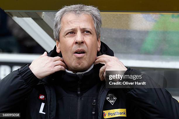 Head coach Lucien Favre of Gladbach looks on before at Bundesliga match between VfL Borussia Moenchengladbach v Fortuna Duesseldorf at Borussia Park...